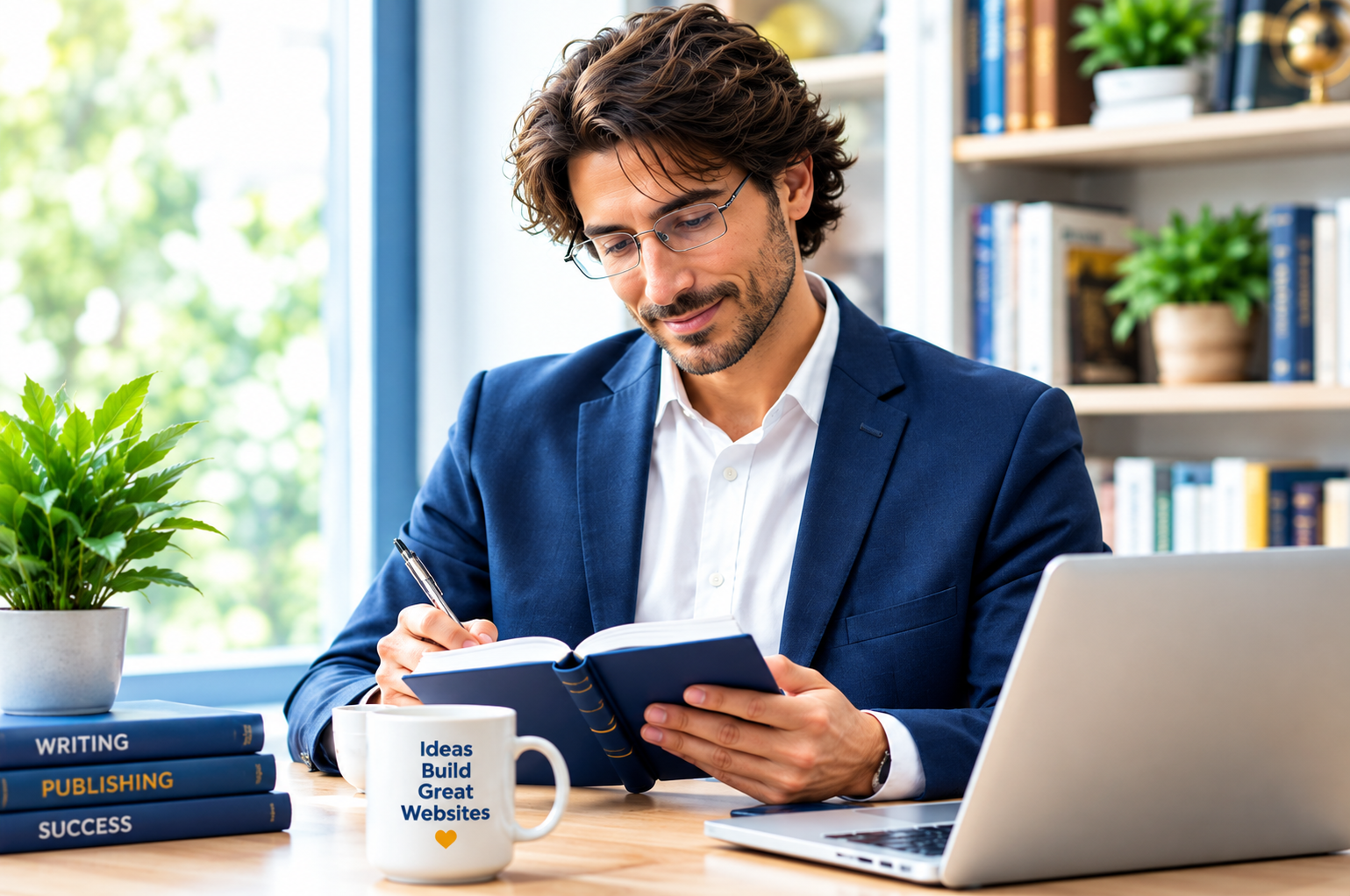 Author working on a book in a modern office