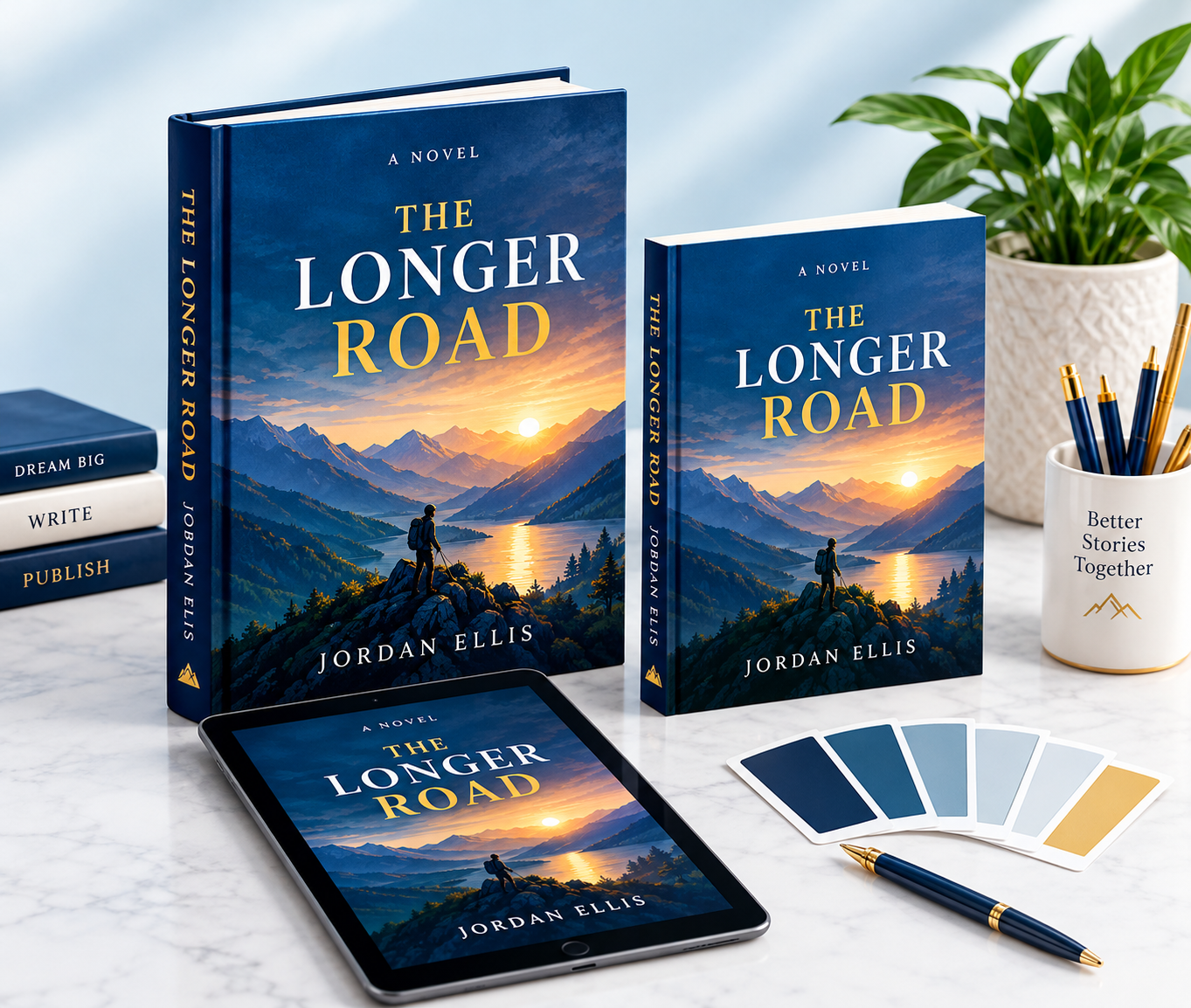 Professional book cover design mockups with hardcover books, paperback books and a digital book display