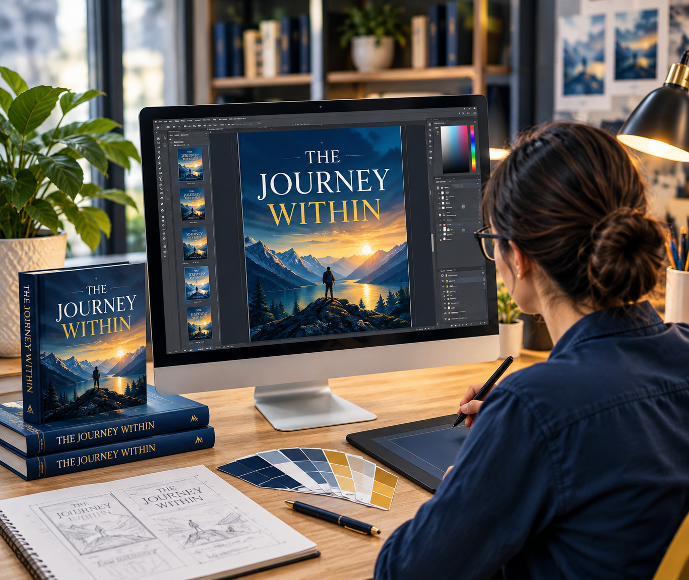 Professional book cover design mockups and creative publishing materials