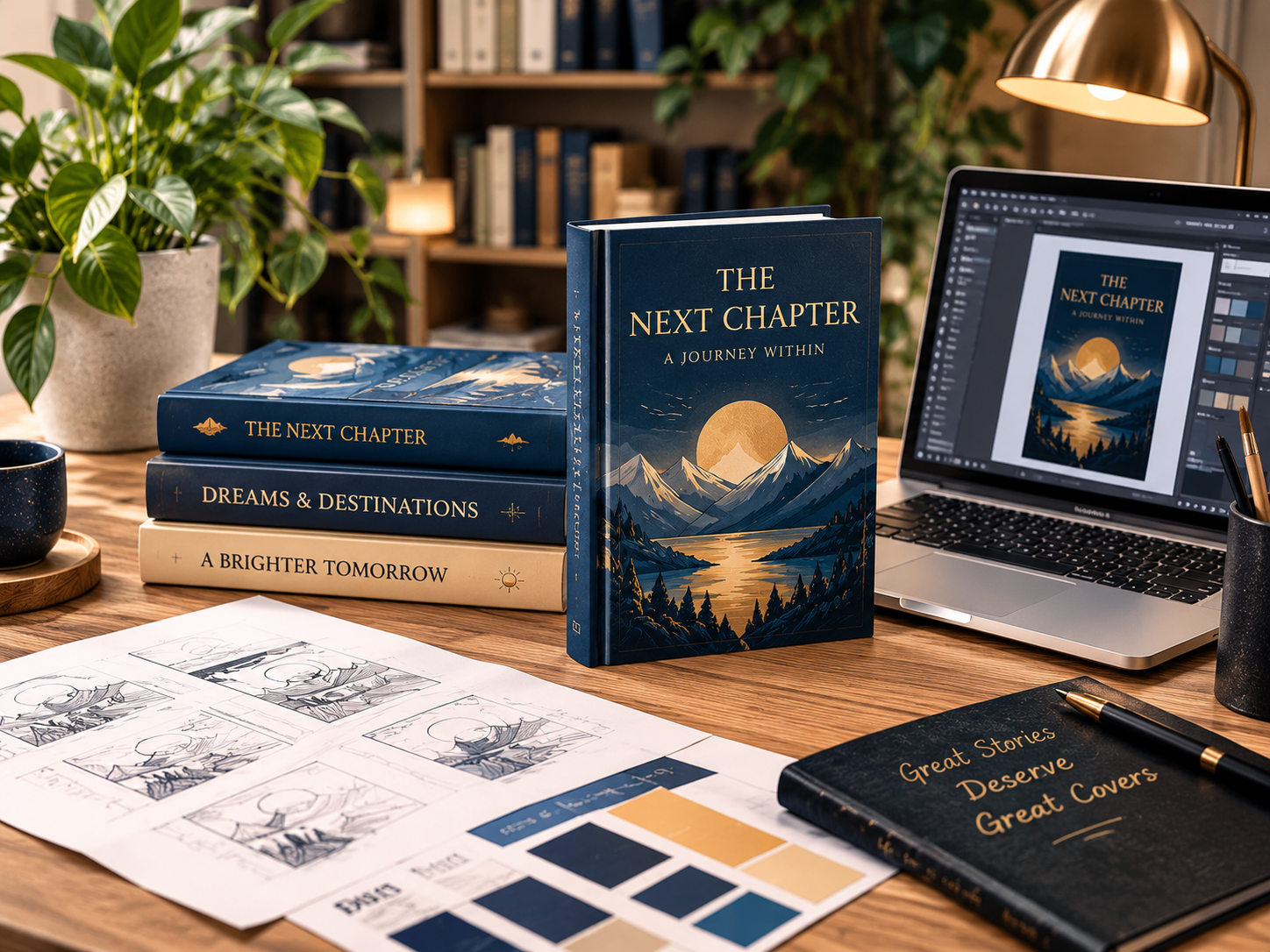 Professional book cover design studio with elegant book mockups, cover sketches and creative design materials