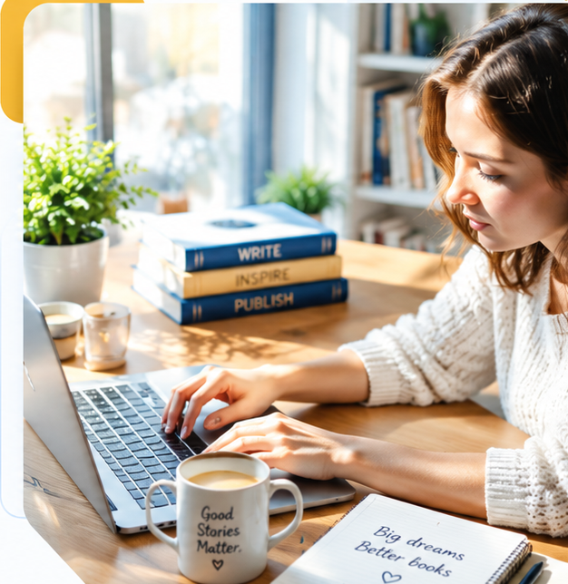 Author working on a laptop in a bright creative workspace