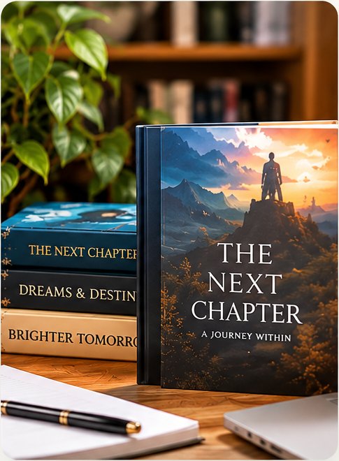 Professional book cover mockups displayed in a creative publishing workspace