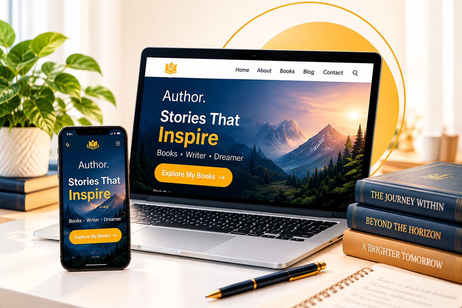 Professional author website shown on laptop and phone
